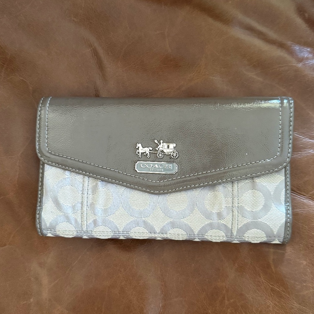 Coach Madison Op Art Dotted Wallet Signature Tri Fold Leather Canvas Khaki/Pink